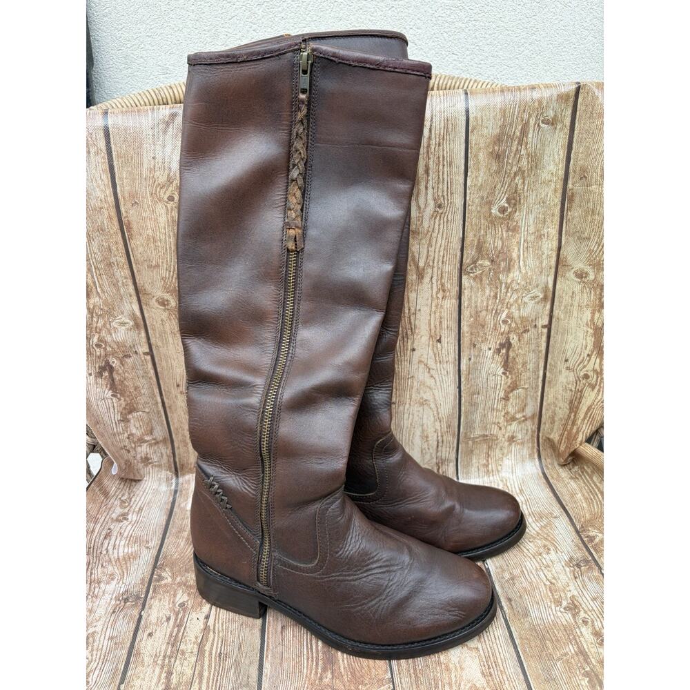Steve Madden Lane Brown Leather Knee High Riding Boots Zip Round Toe SIZE 8.5